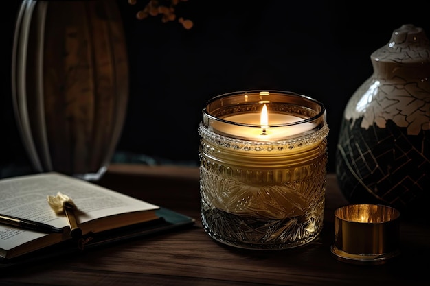 Aromatic candle in a vintage glassware jar surrounded by modern decor