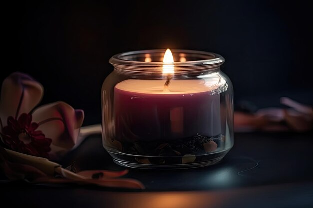 Aromatic candle with a flicker in the glass jar against the background of dark tones