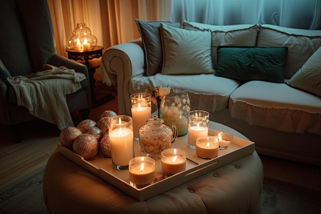 Aromatic candles illuminate a cozy living room with plush furniture and warm decor