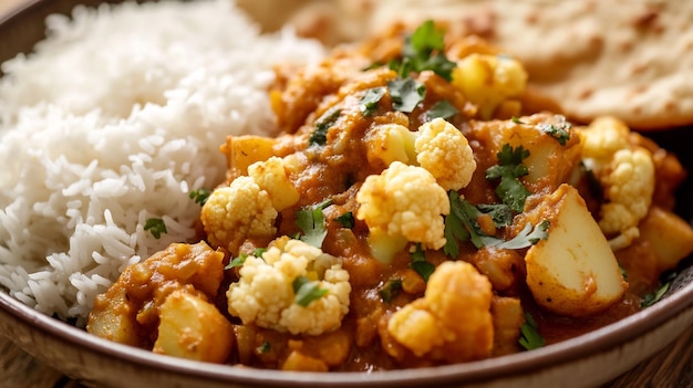 Aromatic Cauliflower and Potato Curry with Rice and Naan Bread