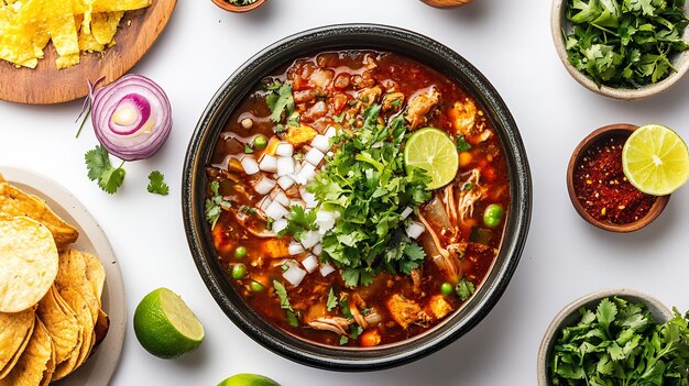 Photo aromatic chicken pozole with toppings and lime wedges on a white background