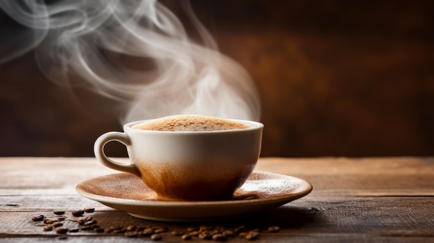 Aromatic coffee cup on wooden table a frothy drink steaming