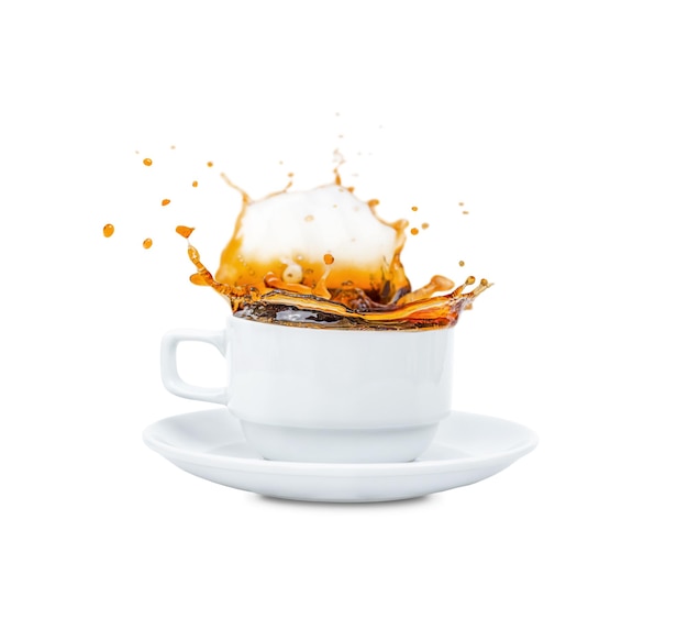 Aromatic coffee with splashes in a mug isolated