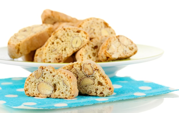 Aromatic cookies cantuccini on napkin isolated on white