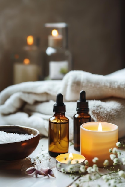 Aromatic cosmetic oil with salt towels and candles for massage and spa ritual Beauty spa routine