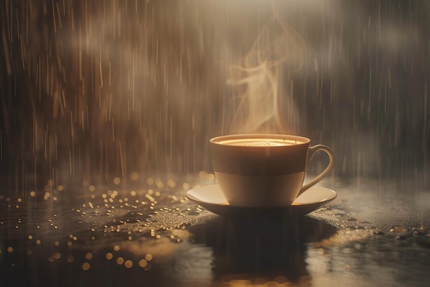 Aromatic cup of steaming coffee on a rainy day oct