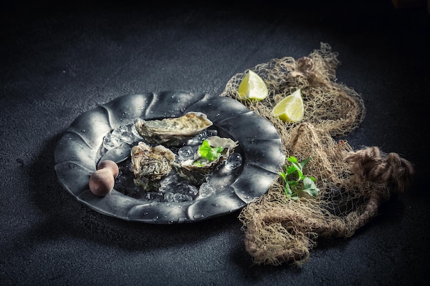 Aromatic and delicious oysters with and lemon on ice cubes