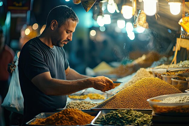 Aromatic Delights A Spice Merchant Weighs Fragrant Spices in a Bustling Night Market