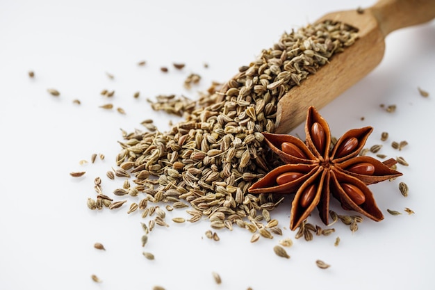 aromatic dry anise seeds on a white background