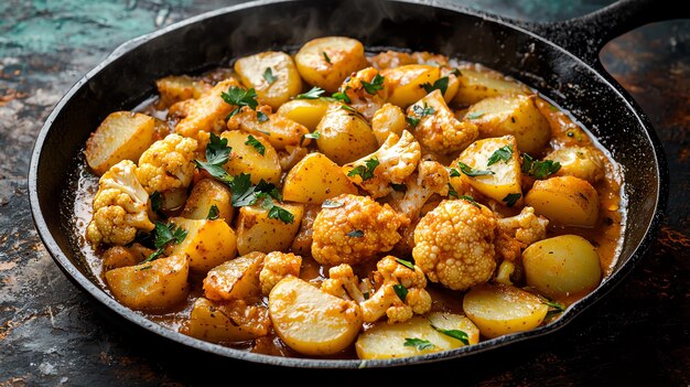 Aromatic and Flavorful Aloo Gobi Being Cooked in a Cast Iron Pan