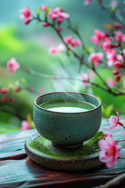 Aromatic green tea in a rustic ceramic cup surrounded by delicate pink flowers and soft natural light Green tea in ceramic pink blossoms tranquil vibe