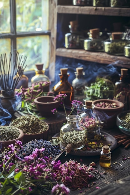 Aromatic herbal apothecary setup with organic cosmetics dried herbs and incense