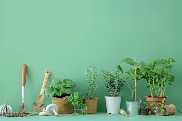 Aromatic herbs and plants ready for repotting with gardening tools and a green background