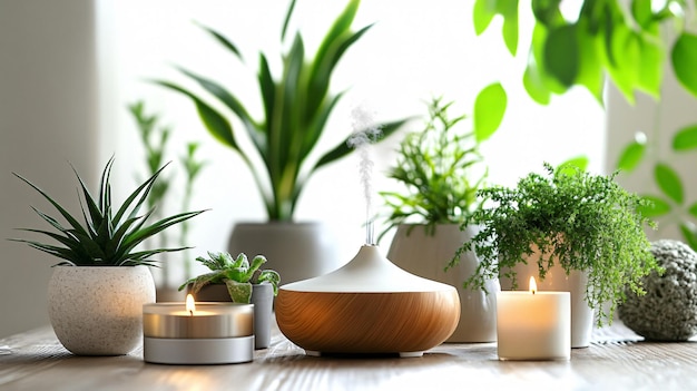 Aromatic Home Ambiance with Aroma Oil Diffuser Burning Candles and Houseplant