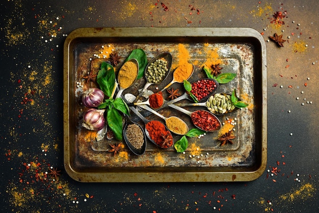 Photo aromatic indian spices in spoons on a metal tray background of spices top view