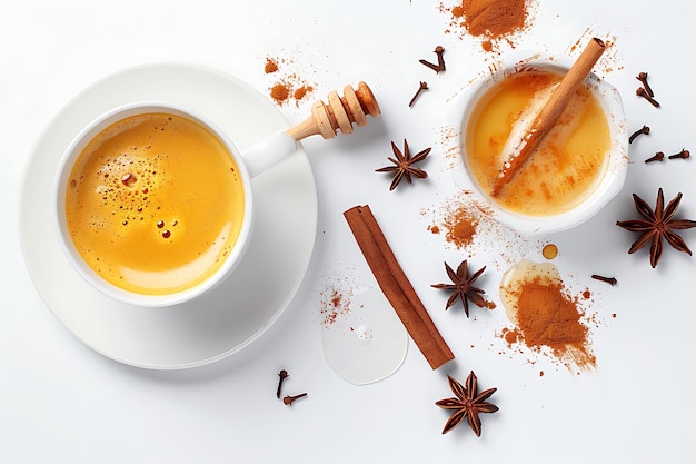 Aromatic Ingredients for a Delicious Beverage Honey Cinnamon Star Anise and Cloves on White Background