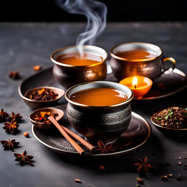 Aromatic Masala Tea Cups on Gray Table Emitting Steam