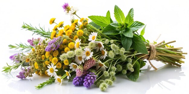 Aromatic Medicinal Herb Bouquet on Clean White Background