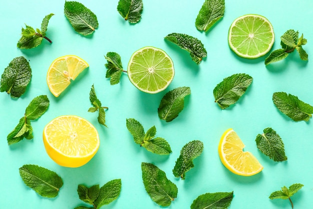 Aromatic mint and citrus fruits on green background