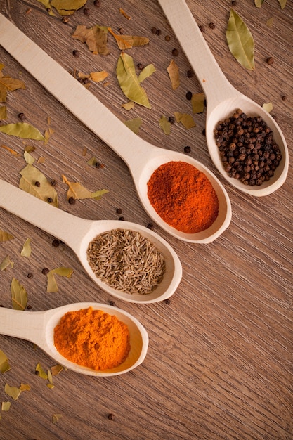 aromatic powder spices on spoons in wooden table