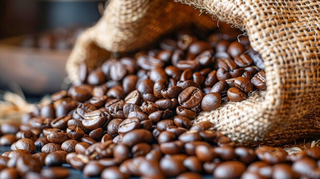 Aromatic Roasted Coffee Beans Spilling from Burlap Sack on Wooden Surface Gourmet Beverage