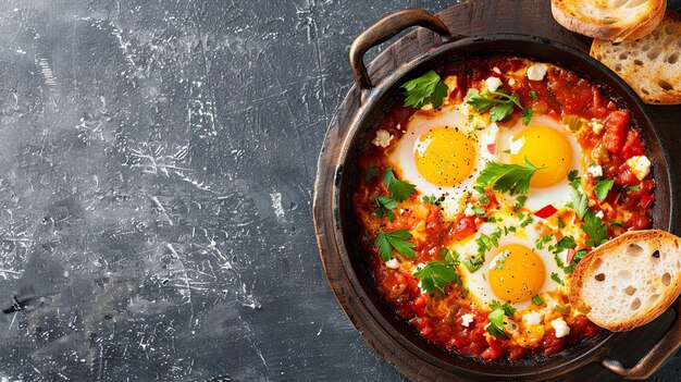 Aromatic shakshuka in cast iron pan with fresh herbs and crusty bread