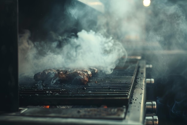 Photo aromatic smoke rising from a bbq smoker with slowcooked meat on a grill