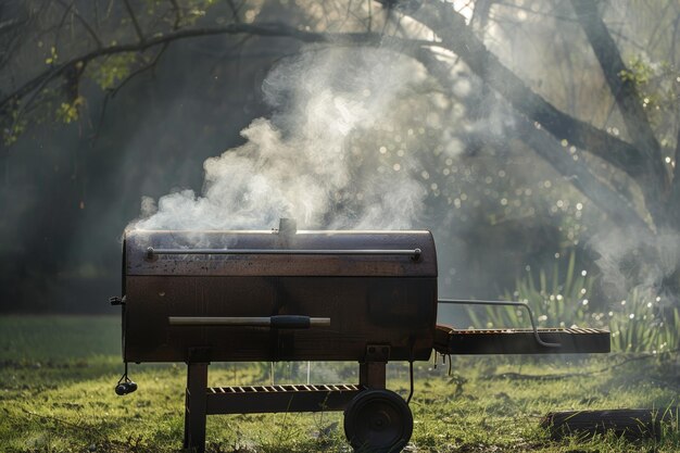 Photo aromatic smoke wafting from bbq smoker in outdoor setting for slow cooking and deep flavors