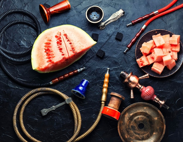 Aromatic smoking hookah with watermelon flavored tobacco