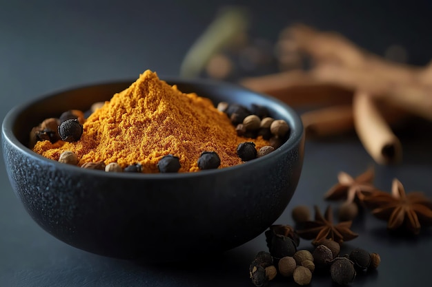 Aromatic Spice Mix in a Bowl with Cinnamon Sticks Anise Stars and Peppercorns on a Dark Slate Back