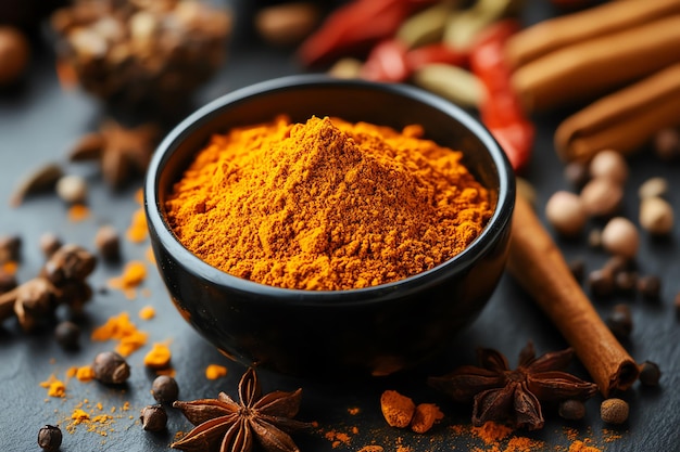 Aromatic Spice Mix in a Bowl with Cinnamon Sticks Anise Stars and Peppercorns on a Dark Slate Back