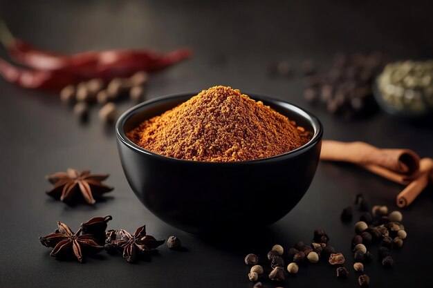 Aromatic Spice Mix in a Bowl with Cinnamon Sticks Anise Stars and Peppercorns on a Dark Slate Back