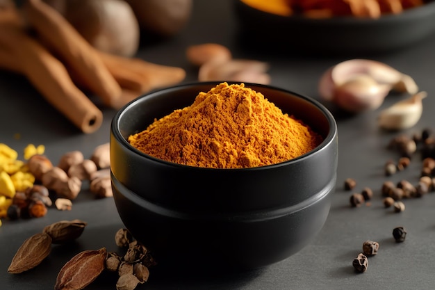 Aromatic Spice Mix in a Bowl with Cinnamon Sticks Anise Stars and Peppercorns on a Dark Slate Back