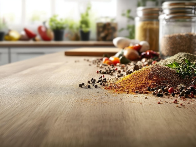 Photo aromatic spices scattered across a wooden kitchen counter