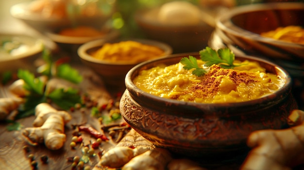 Photo aromatic spices and vibrant curry simmering in traditional clay bowls at a cozy kitchen