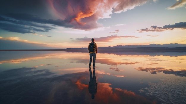 Around sunset a man traveler with a bag walks on the salt lake The sky with clouds is reflected in the mirror water surface thanks to Generative AI