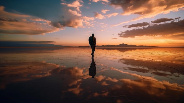 Around sunset a man traveler with a bag walks on the salt lake The sky with clouds is reflected in the mirror water surface thanks to Generative AI