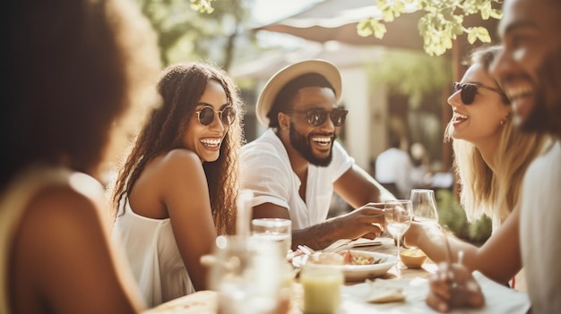 Around the table in a summer diner happy friends are giggling and grinning broadly