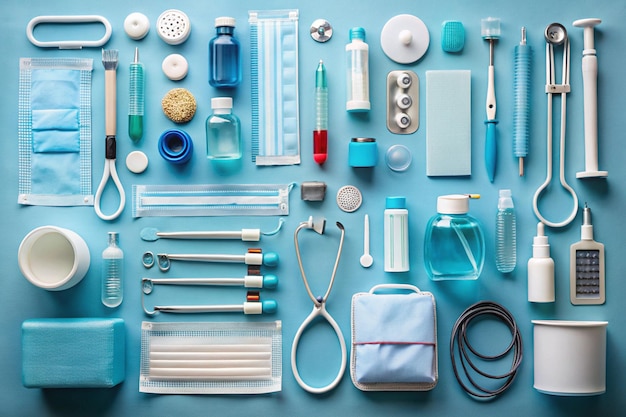 Arrange a collection of medical supplies used in emergency settings