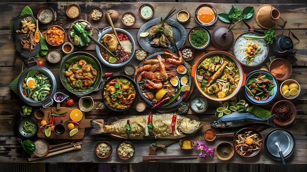 Arranged Thai Street Food Feast on Wooden Table Showcasing Flavorful Dishes and Textural Details