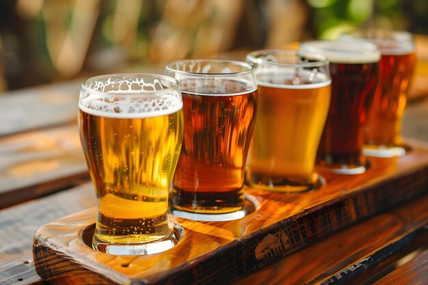 Arrangement of beer bottles on a wooden serving tray