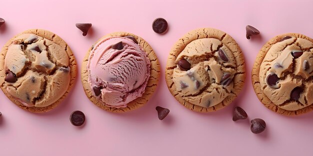 Photo arrangement of chocolate chip cookies and ice cream on pink background concept food photography sweet treats dessert styling pink aesthetic yummy combinations