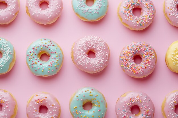 Photo an arrangement of colorful pastel donuts beautifully displayed on a delightful pink background