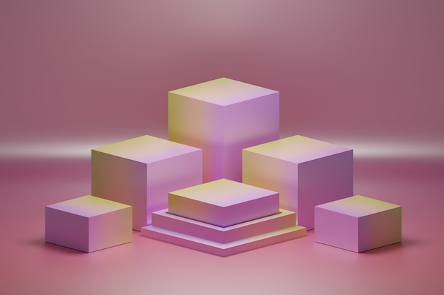 Photo arrangement of cubes pedestals color in gradient pink and yellow colors