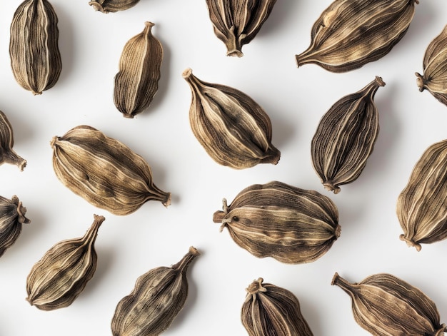 Arrangement of dried cardamom pods showing their varied sizes