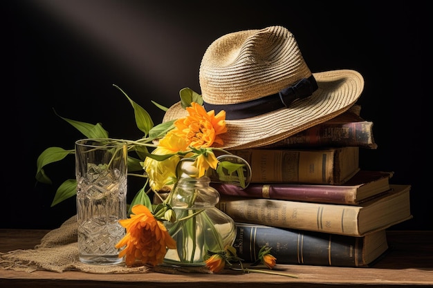 A arrangement featuring a sun hat laid flat accompanied by a pile of books and a waterfilled glass