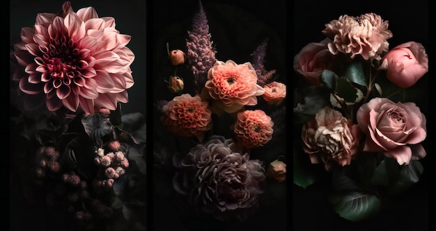 An arrangement of flowers on a black background