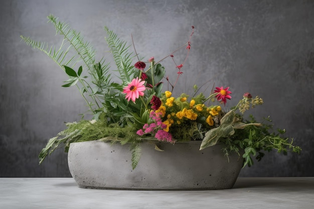 An arrangement of flowers and greenery in a concrete planter created with generative ai