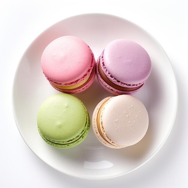 Arrangement of four beautiful macarons on a clean white plate