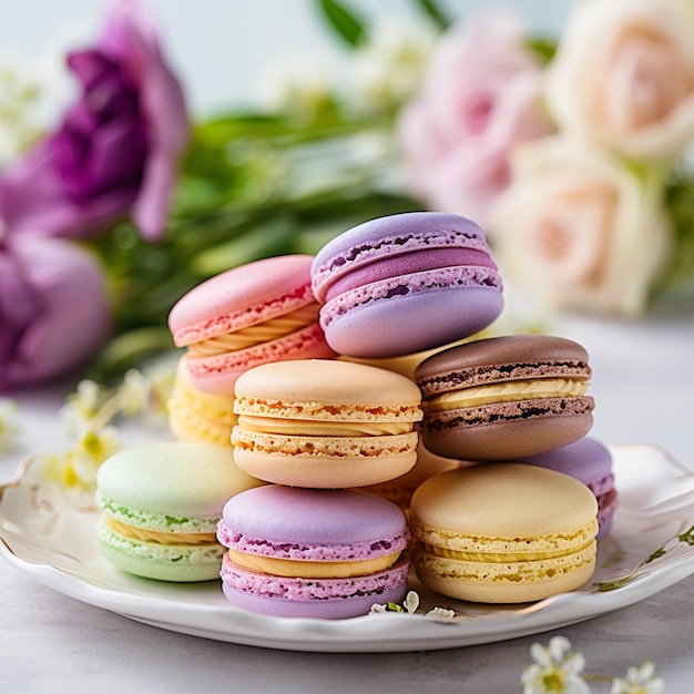 Arrangement of four beautiful macarons on a clean white plate